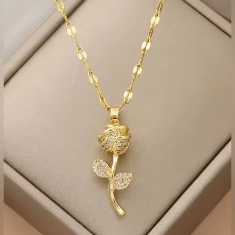 18K Gold Rose Flower Long Stem With Pave Diamond Inlay Pendant Necklace - Picture 5 of 5